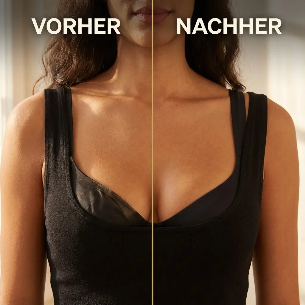 Split-image close-up in a black tank top, showing a visible bra edge on one side and a smooth neckline on the other. 6
