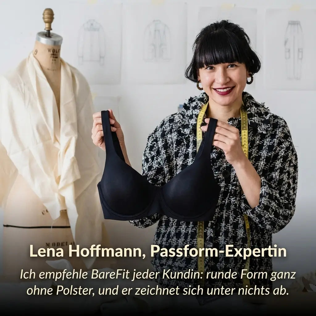 Smiling fit expert in a tweed jacket holding up the black bra in a design studio, next to a dress form. 5