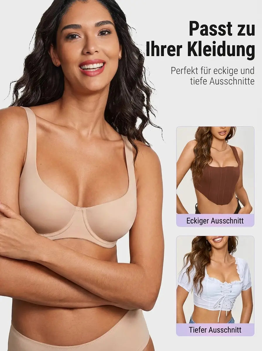 Smiling model in the nude bra with arms crossed, plus two small photos of tops with square and low necklines. 10
