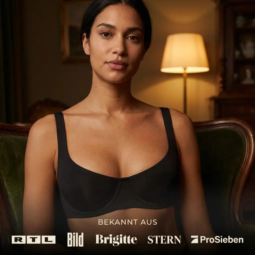 Model wearing the black balconette bra, seated in an armchair beside a lamp, with a row of media logos below. 4