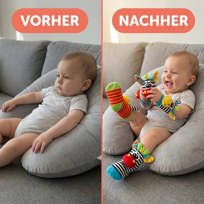 Side-by-side comparison of a baby sitting quietly on a sofa and the same baby laughing while wearing the rattles. 4
