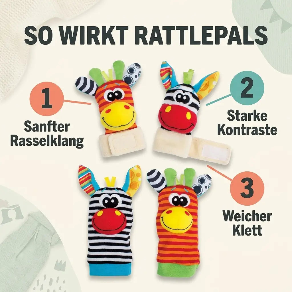 Four rattles laid out together: two wrist rattles with cream fastening straps above two striped foot socks, a zebra and a giraffe design. 5