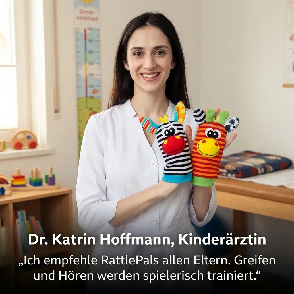 Smiling woman in a white coat holding up a zebra and a giraffe foot rattle sock like hand puppets. 2