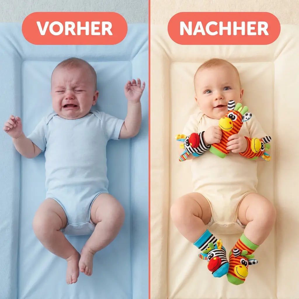 Side-by-side comparison of a crying baby on a blue changing mat and a calm baby wearing the wrist and foot rattles. 3