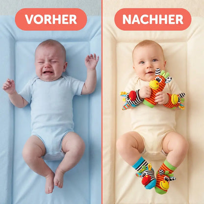 Side-by-side comparison of a crying baby on a blue changing mat and a calm baby wearing the wrist and foot rattles. 3