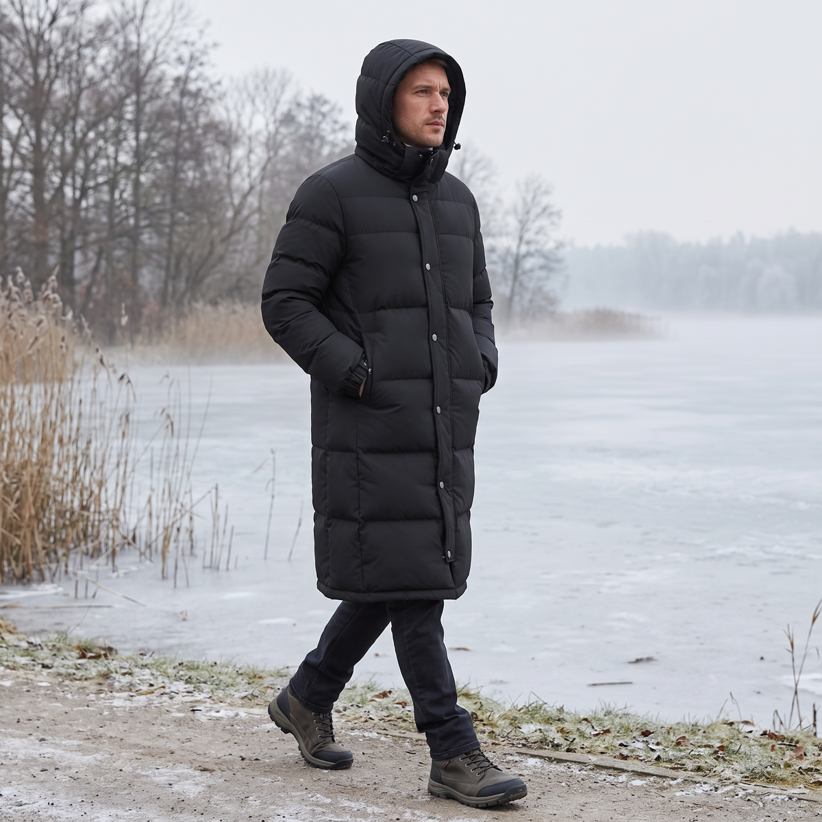 Man in a hooded black long puffer coat walking beside a frozen lake in winter 2