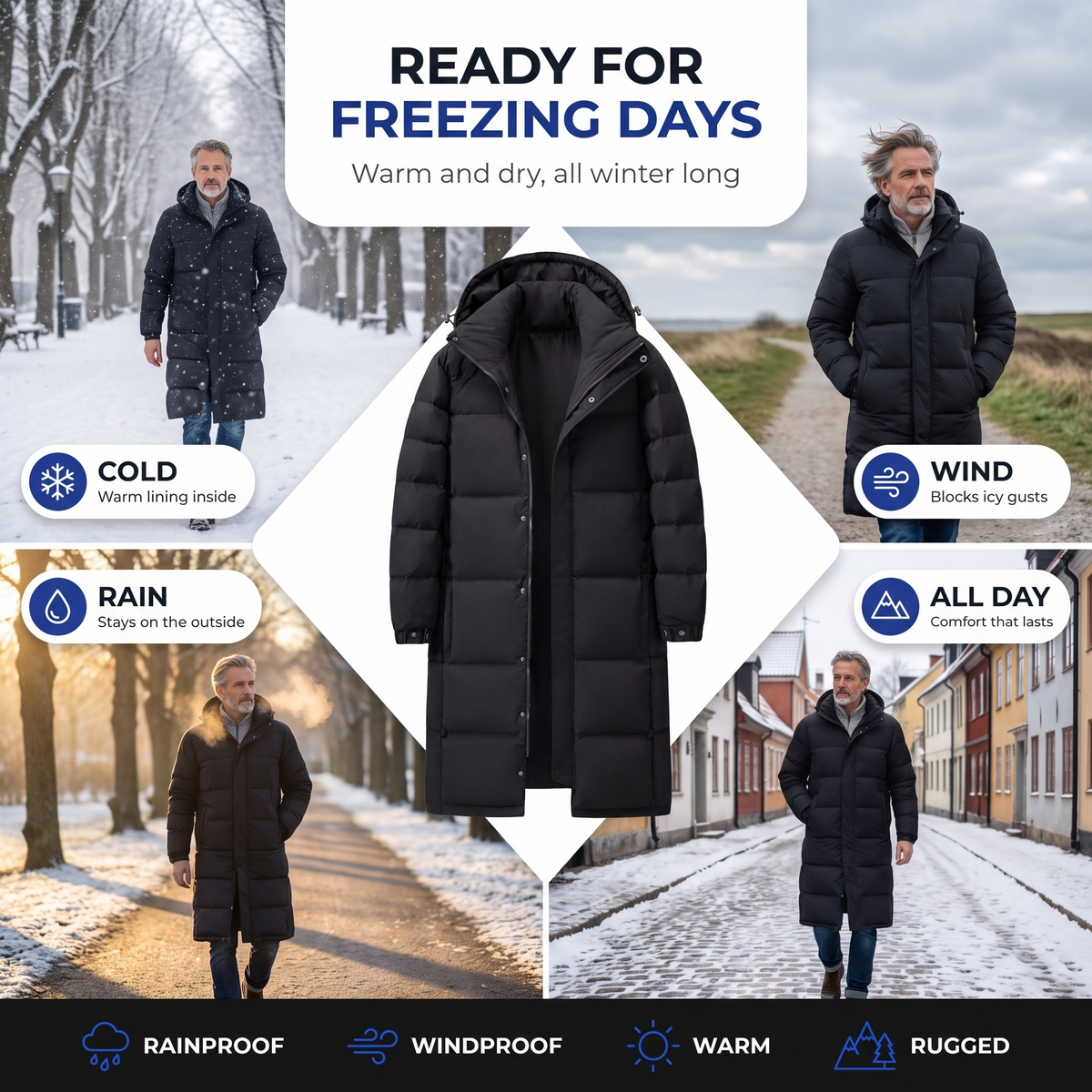 Collage of a man wearing the black long coat in snow, wind and rain, around the coat 4