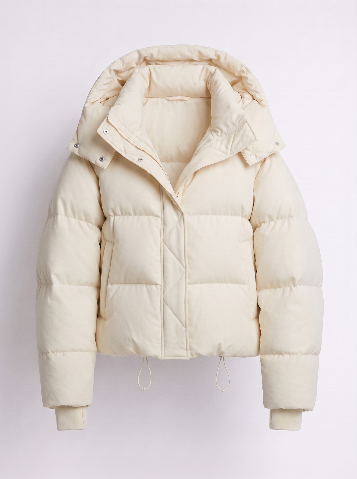 Cream quilted puffer jacket laid flat, front view, with padded hood, press studs and drawcord hem 3