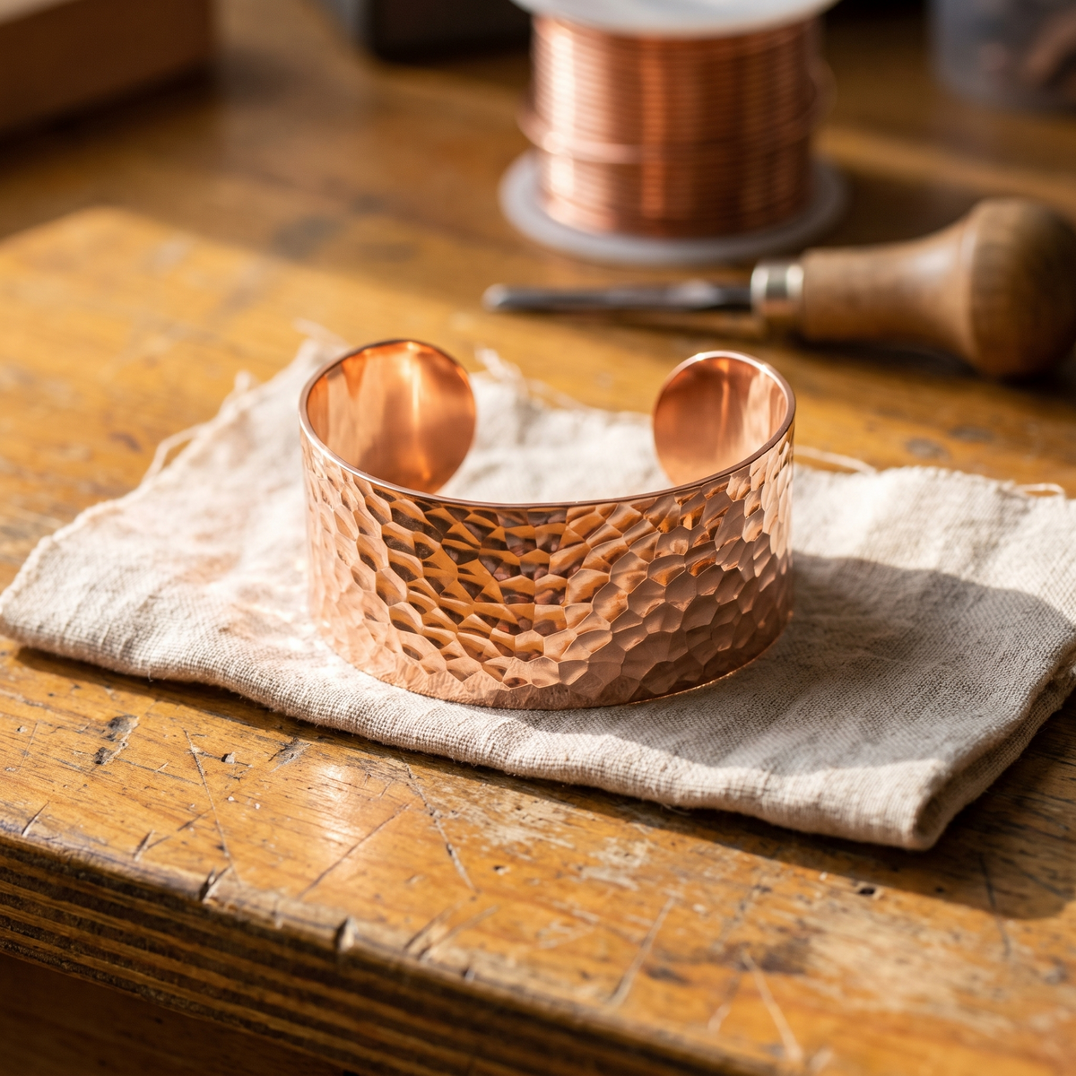 Hammered copper cuff with open ends resting on a linen cloth on a workbench, with a wire spool behind 1