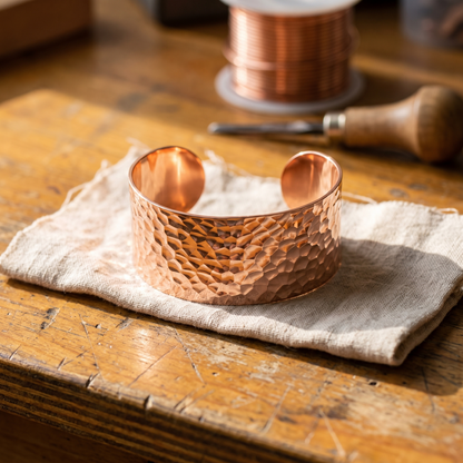 Hammered copper cuff with open ends resting on a linen cloth on a workbench, with a wire spool behind 1