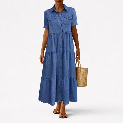 Denim Print Midi Dress - Relaxed Button-Front Style 6