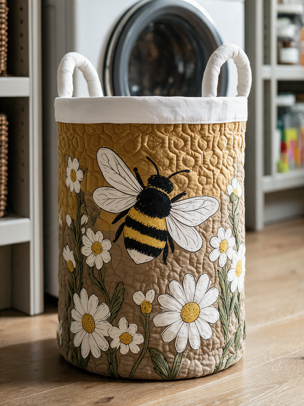 Close-up of the basket with a printed bee and daisies on honeycomb-style quilting, with white rolled handles and a white rim. 3