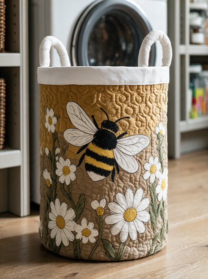 Close-up of the basket with a printed bee and daisies on honeycomb-style quilting, with white rolled handles and a white rim. 3