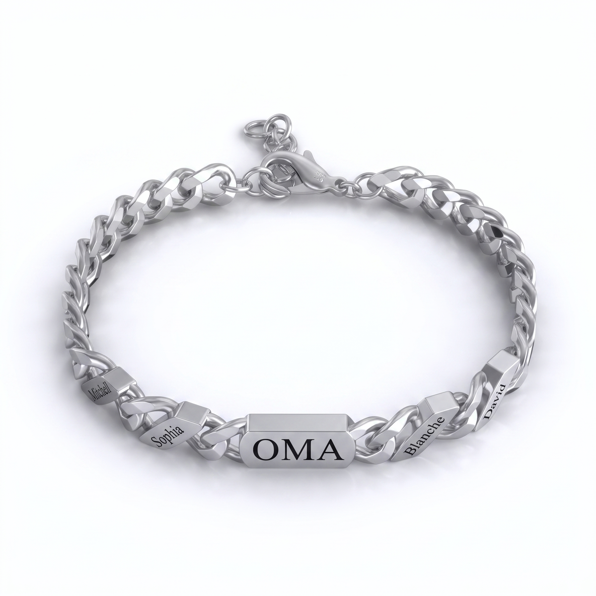 Silver-tone curb chain bracelet with a central engraved bar and four smaller engraved name links, shown on a plain white background. 1