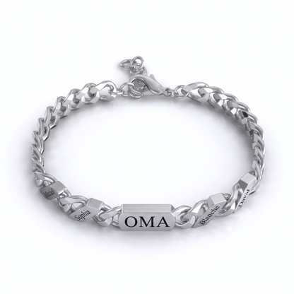Silver-tone curb chain bracelet with a central engraved bar and four smaller engraved name links, shown on a plain white background. 1