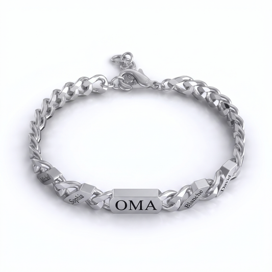 Silver-tone curb chain bracelet with a central engraved bar and four smaller engraved name links, shown on a plain white background. 1
