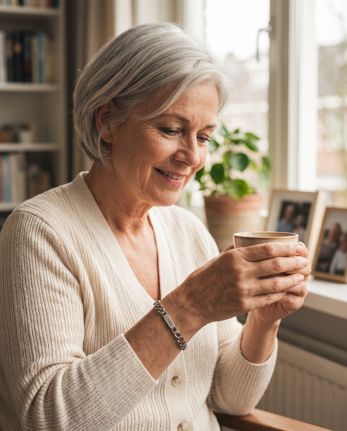 Smiling grey-haired woman in a cream cardigan wearing the silver bracelet while holding a cup near a sunny window. 7