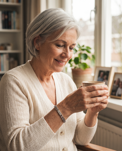 Smiling grey-haired woman in a cream cardigan wearing the silver bracelet while holding a cup near a sunny window. 7