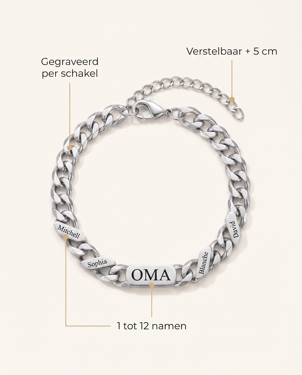 Silver bracelet laid flat with labelled callouts pointing to the engraved links, the extension chain and the name capacity. 6
