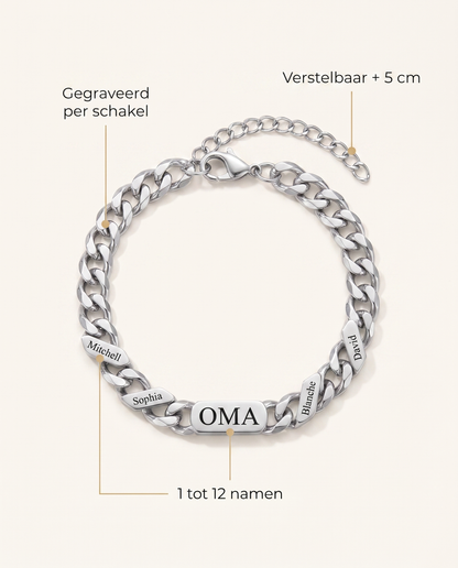 Silver bracelet laid flat with labelled callouts pointing to the engraved links, the extension chain and the name capacity. 6