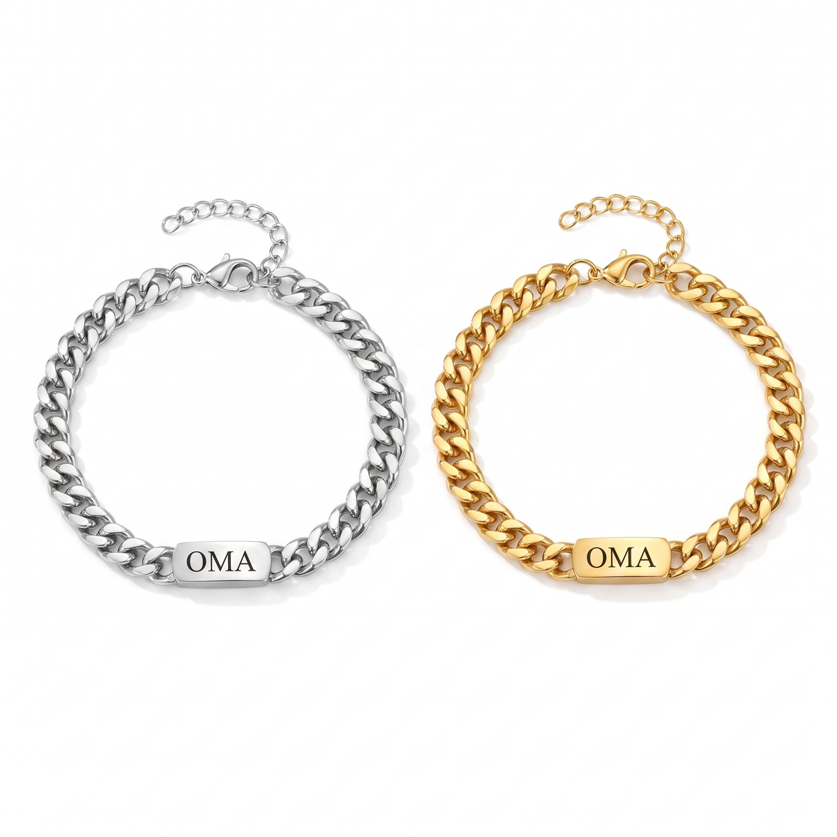 Silver and gold versions of the chain bracelet side by side, each with a single engraved bar and a lobster clasp. 9