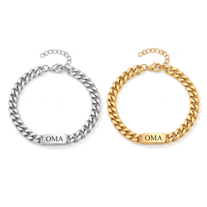 Silver and gold versions of the chain bracelet side by side, each with a single engraved bar and a lobster clasp. 9