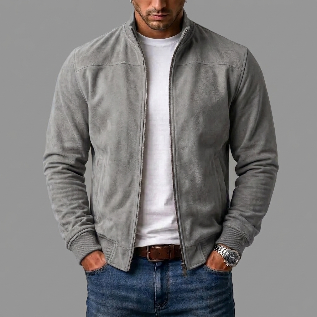 Light grey zip-up jacket worn open over a white T-shirt and jeans, with ribbed cuffs and hem. 7
