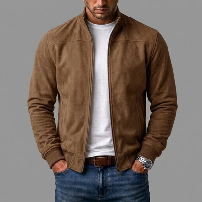 Model wearing the tan brown suede-look bomber jacket open over a white t-shirt and jeans, with stand collar and ribbed hem. 4