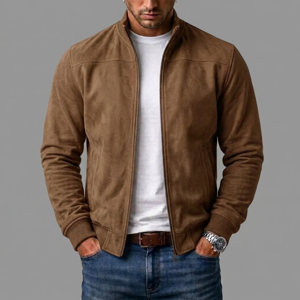 Tan brown zip-up jacket worn open over a white T-shirt and jeans, with a ribbed hem and hands in pockets. 5