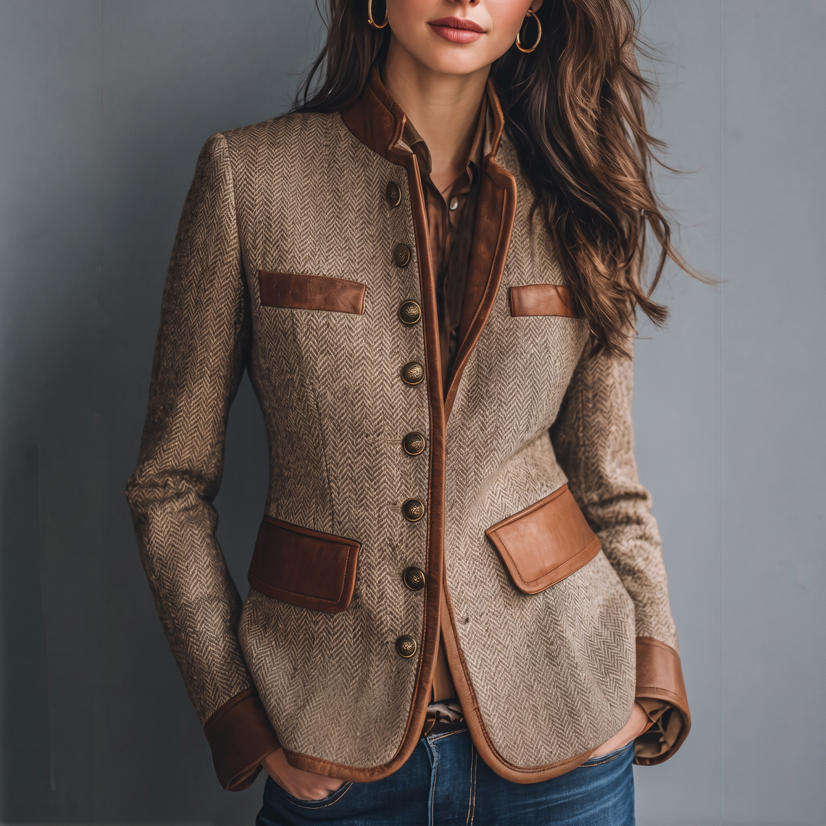 Model in a herringbone tweed jacket with brass buttons and tan trim, worn open over a silky blouse with jeans, hands in pockets. 1