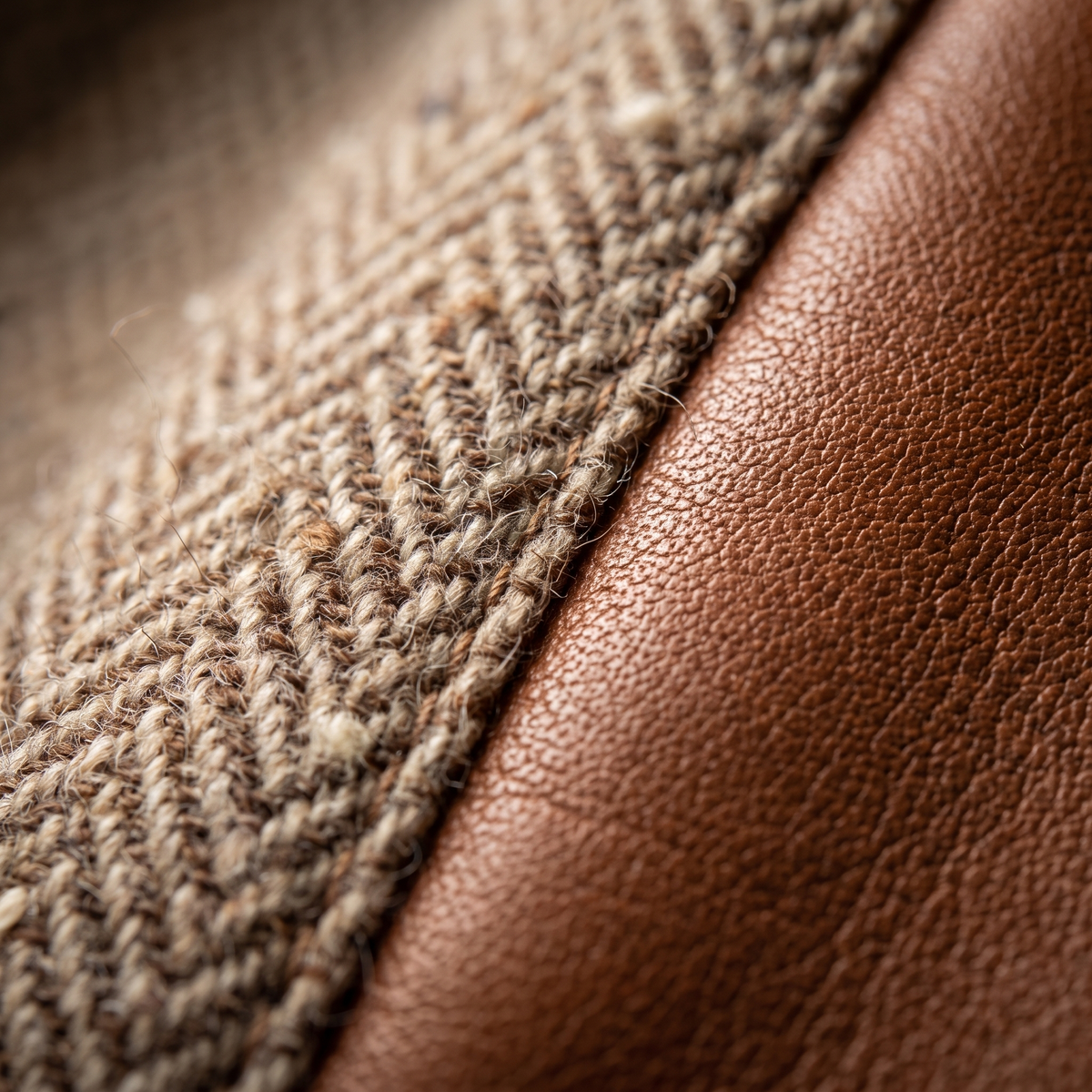 Extreme close-up of woven herringbone tweed fabric meeting a smooth, grained brown trim along a seam. 2