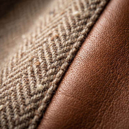 Extreme close-up of woven herringbone tweed fabric meeting a smooth, grained brown trim along a seam. 2