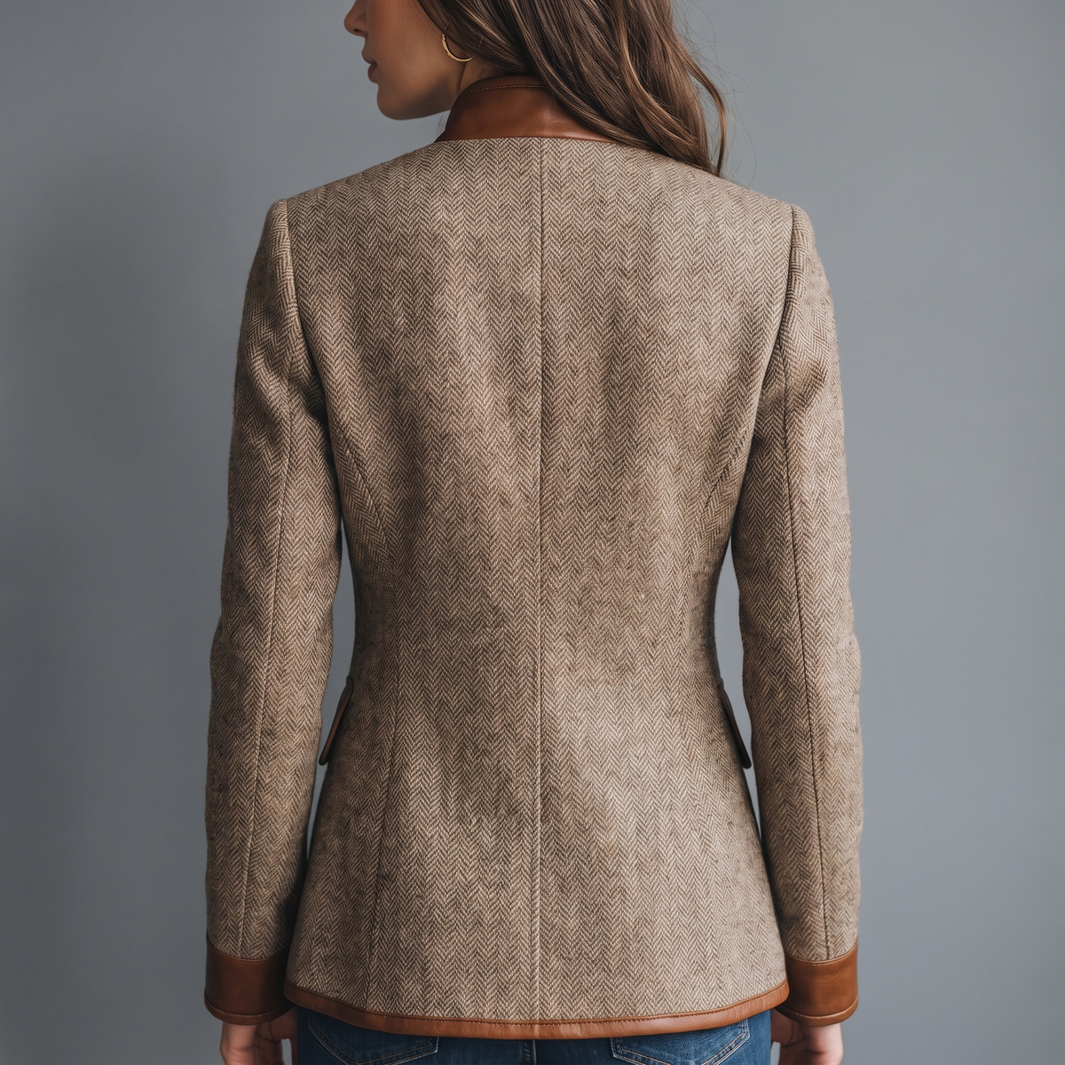 Back view of the jacket on a model, showing herringbone tweed, a centre back seam and tan trim at collar, cuffs and hem. 3