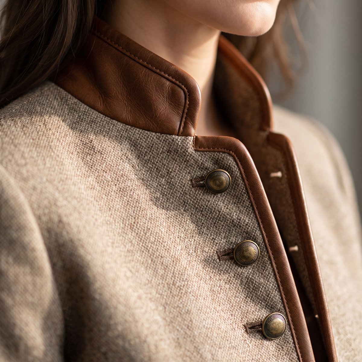 Close-up of the stand collar with stitched tan trim and antique-effect brass buttons on the tweed front placket. 4