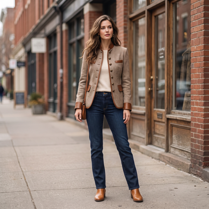 Model standing on a brick-lined street in the jacket worn open over a cream top, with dark jeans, tan boots and a small shoulder bag. 6