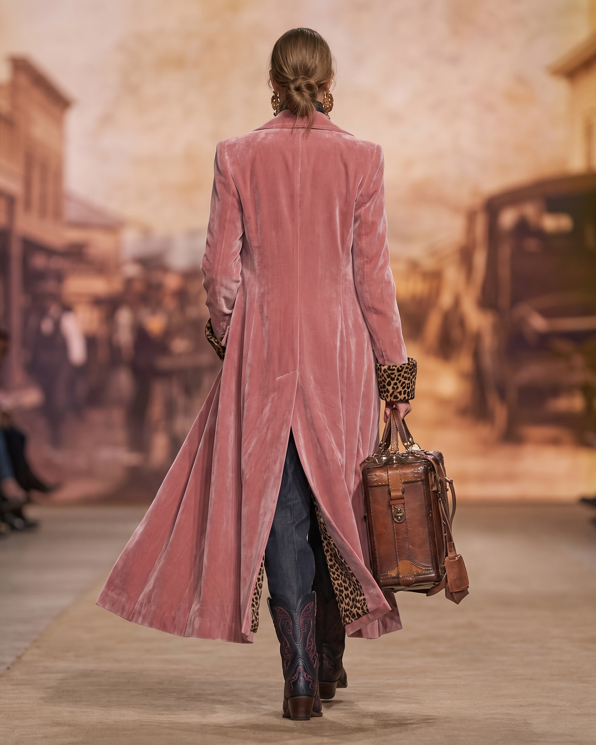 Back view of the pink coat showing the fitted seaming, long centre vent and leopard lining flashing as the model walks. 4