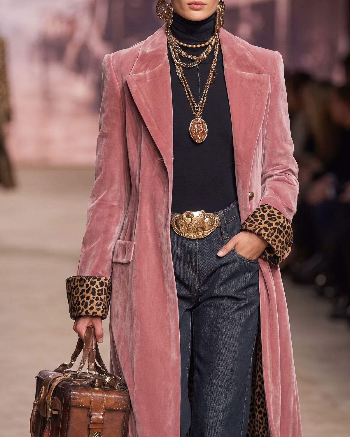 Close-up of the pink coat's wide lapels, flap pocket, gold button and turned-back leopard-print cuffs, worn with layered gold necklaces. 5