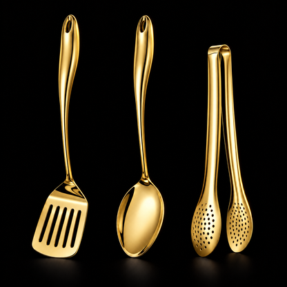 Three-piece set in a gold finish on black: slotted turner, solid spoon and perforated tongs with curved handles. 15