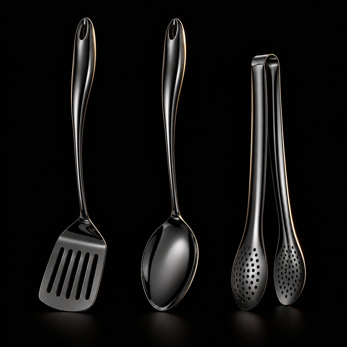 Three-piece set in a black finish on a black background: slotted turner, solid spoon and perforated tongs. 19