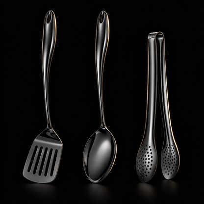 Three-piece set in a black finish on a black background: slotted turner, solid spoon and perforated tongs. 19