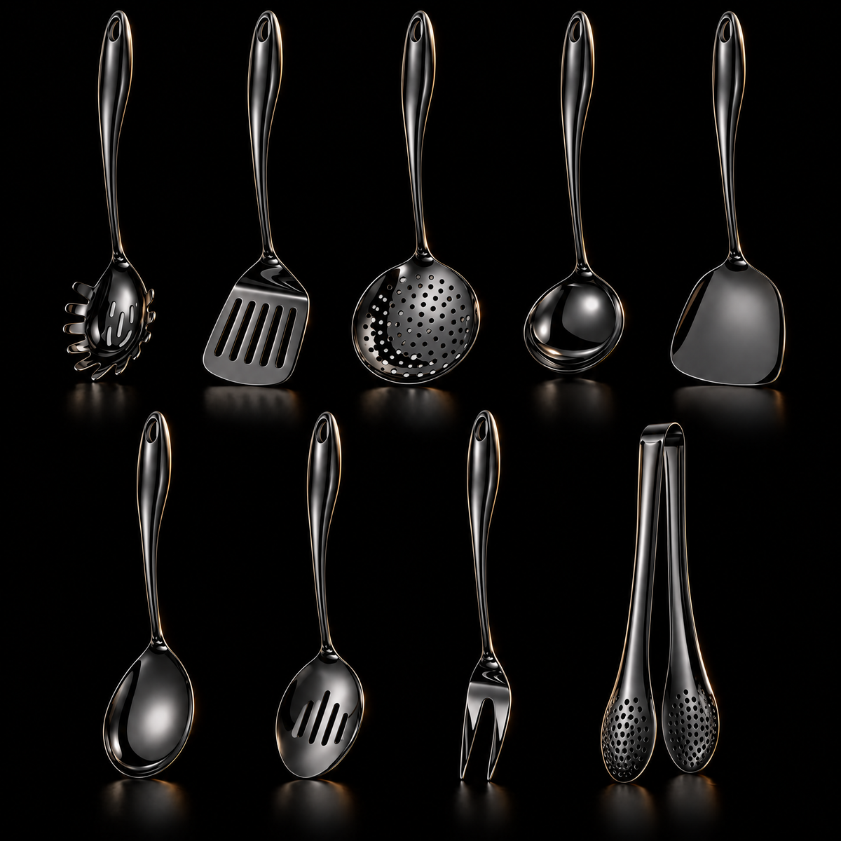Nine black utensils with curved, hole-topped handles standing in two rows on a black background, including pasta server, slotted turner, skimmer, ladle and tong 21