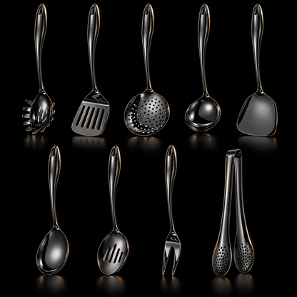 Nine black utensils with curved, hole-topped handles standing in two rows on a black background, including pasta server, slotted turner, skimmer, ladle and tong 21