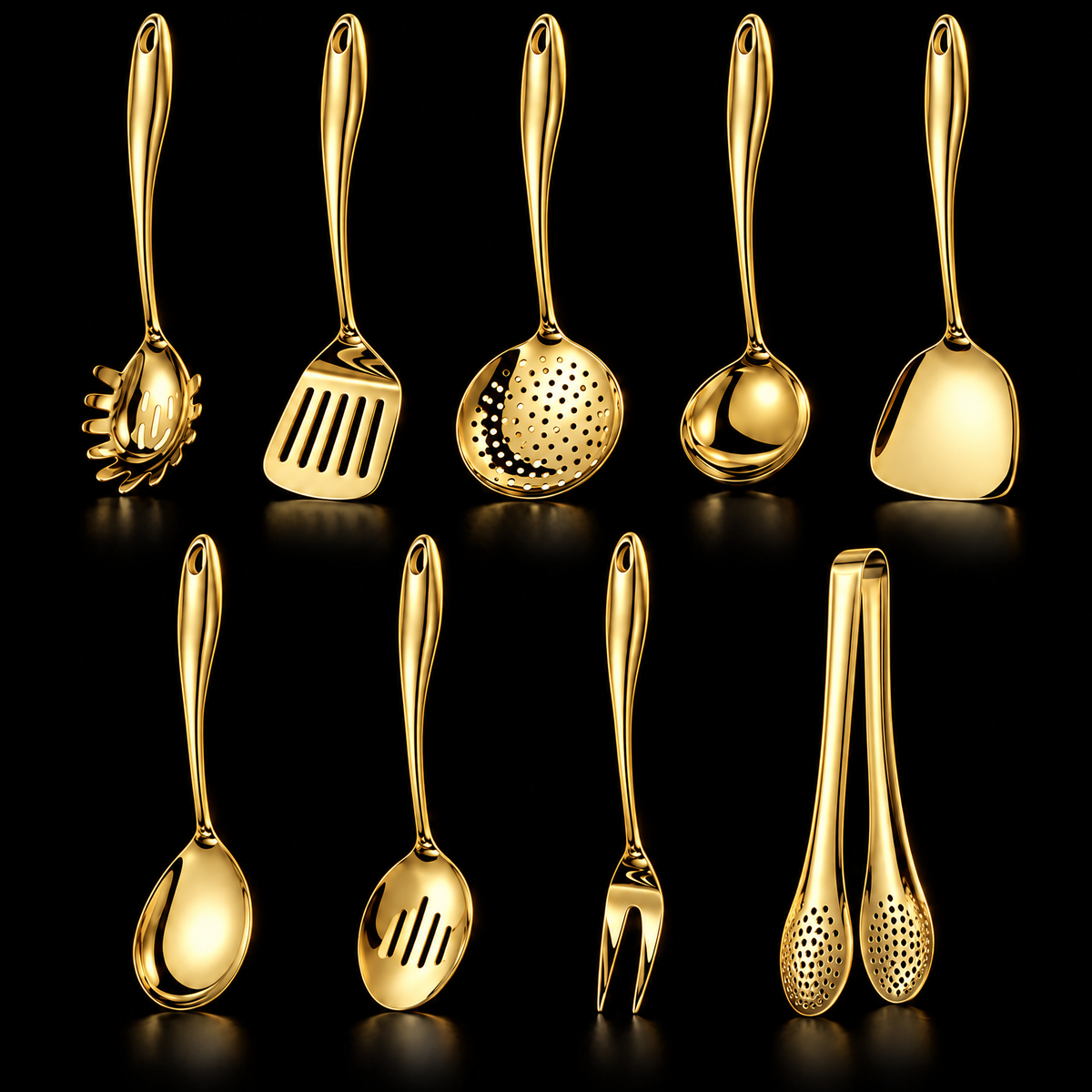 Nine-piece gold-finish utensil set in two rows on black, including skimmer, wide turner, slotted spoon, fork and tongs. 17