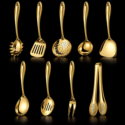 Nine-piece gold-finish utensil set in two rows on black, including skimmer, wide turner, slotted spoon, fork and tongs. 17