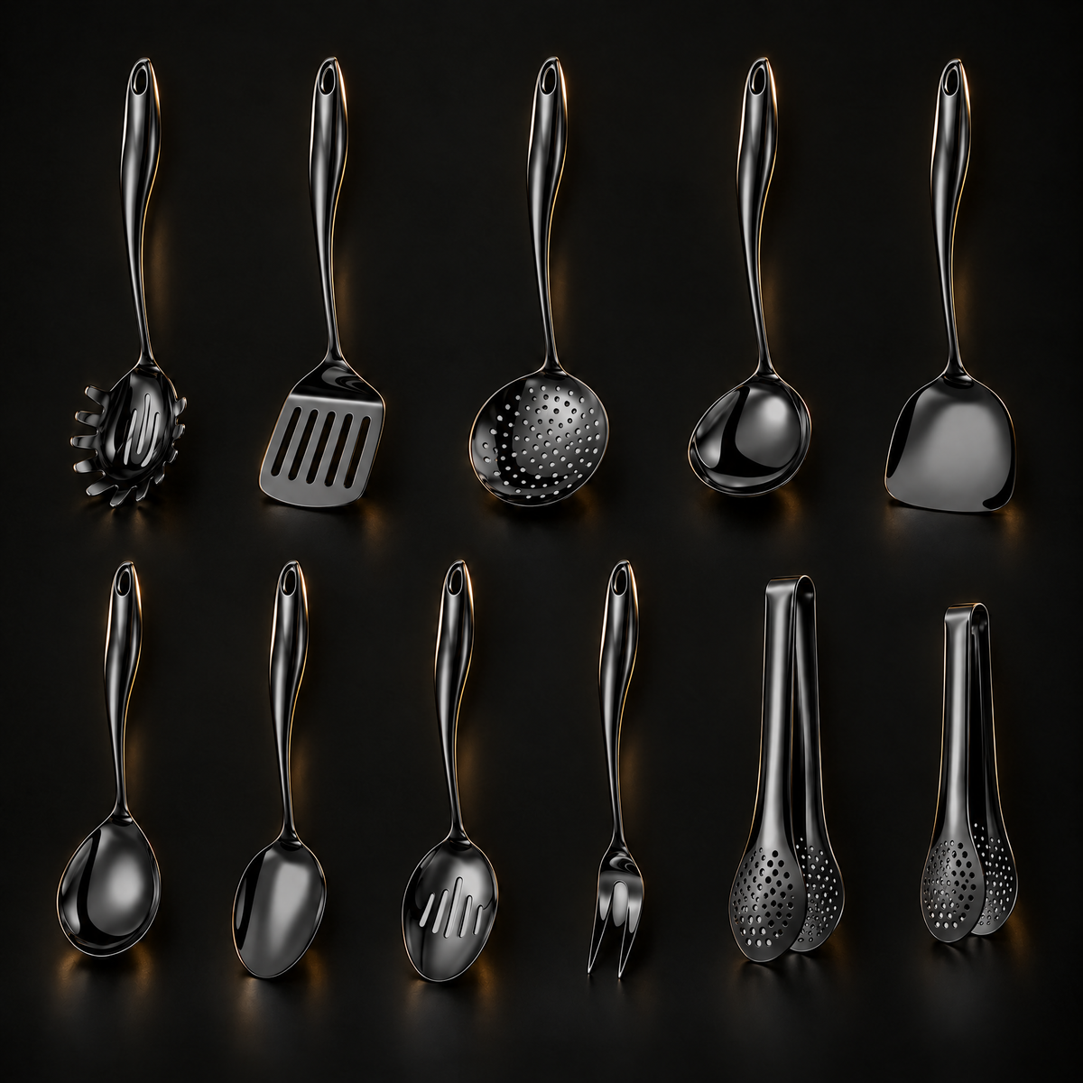 Eleven-piece black utensil set on a dark background, shown in two rows with pasta server, turners, ladle, spoons, fork and two pairs of tongs. 22