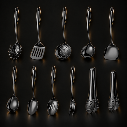 Eleven-piece black utensil set on a dark background, shown in two rows with pasta server, turners, ladle, spoons, fork and two pairs of tongs. 22