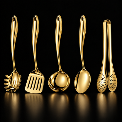Five gold-finish utensils standing in a row on a black reflective surface: pasta server, turner, ladle, spoon and tongs. 16