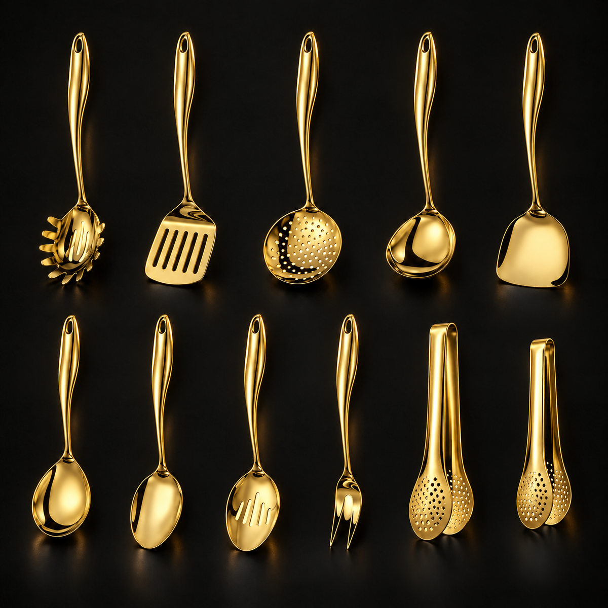 Eleven-piece gold-finish utensil set on a dark background, with a skimmer, ladle, several spoons, a fork and two pairs of tongs. 18
