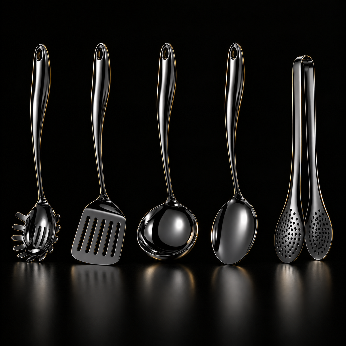 Five black-finish utensils in a row on a glossy black surface: pasta server, slotted turner, ladle, spoon and tongs. 20