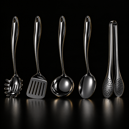 Five black-finish utensils in a row on a glossy black surface: pasta server, slotted turner, ladle, spoon and tongs. 20